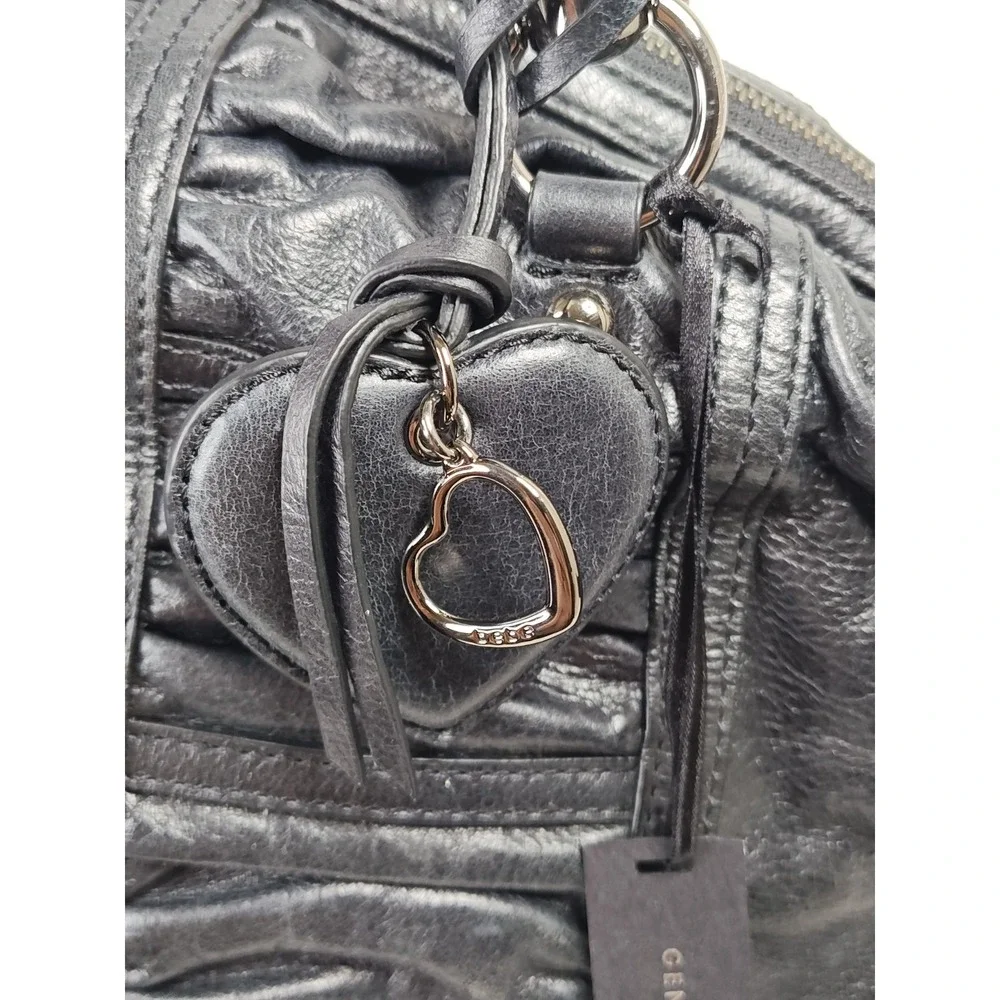 bebe Jagger Black Cowhide Leather Ruched Bow Satchel Shoulder Bag Purse NWT